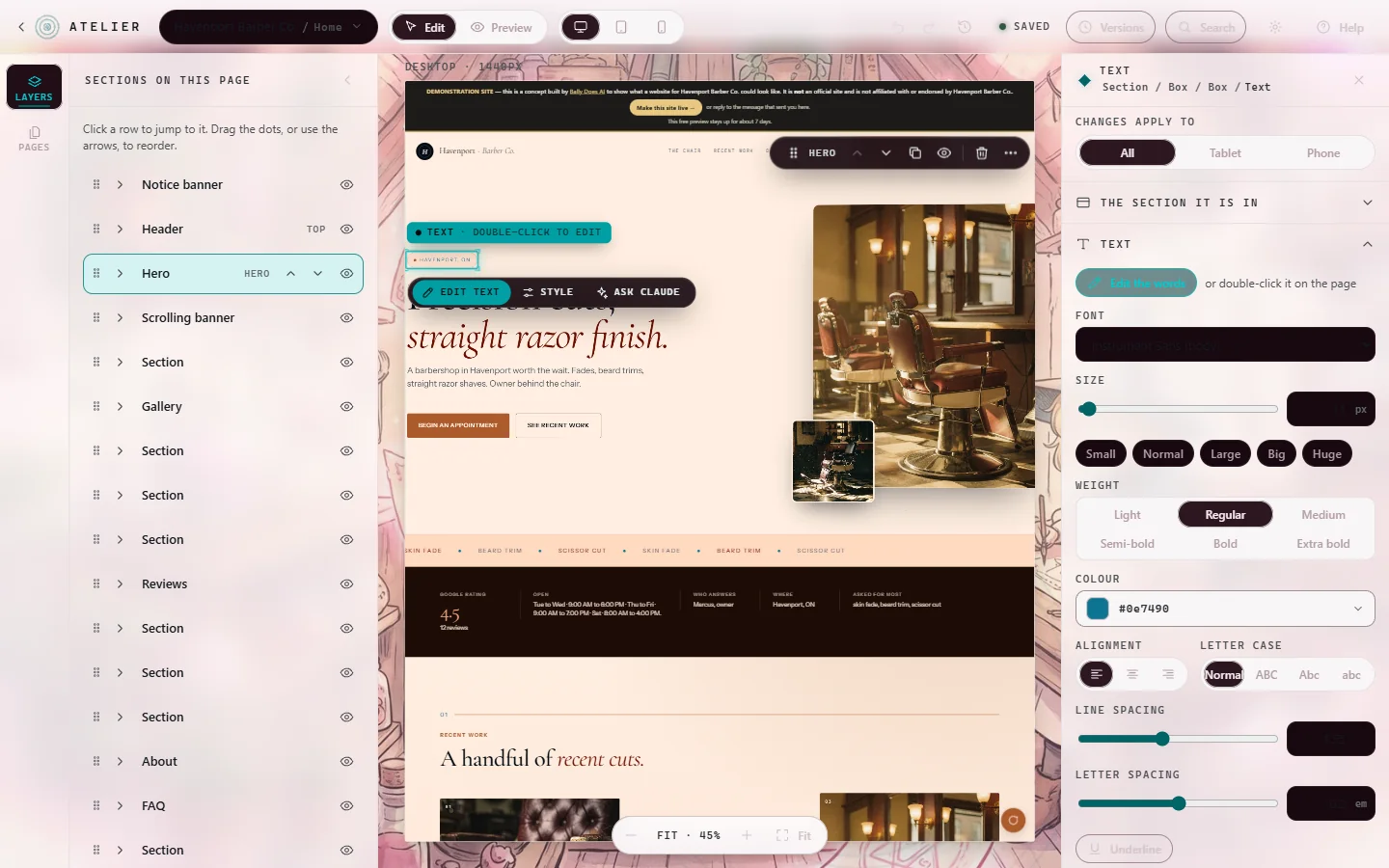 The editor: layer panel, live canvas, inspector