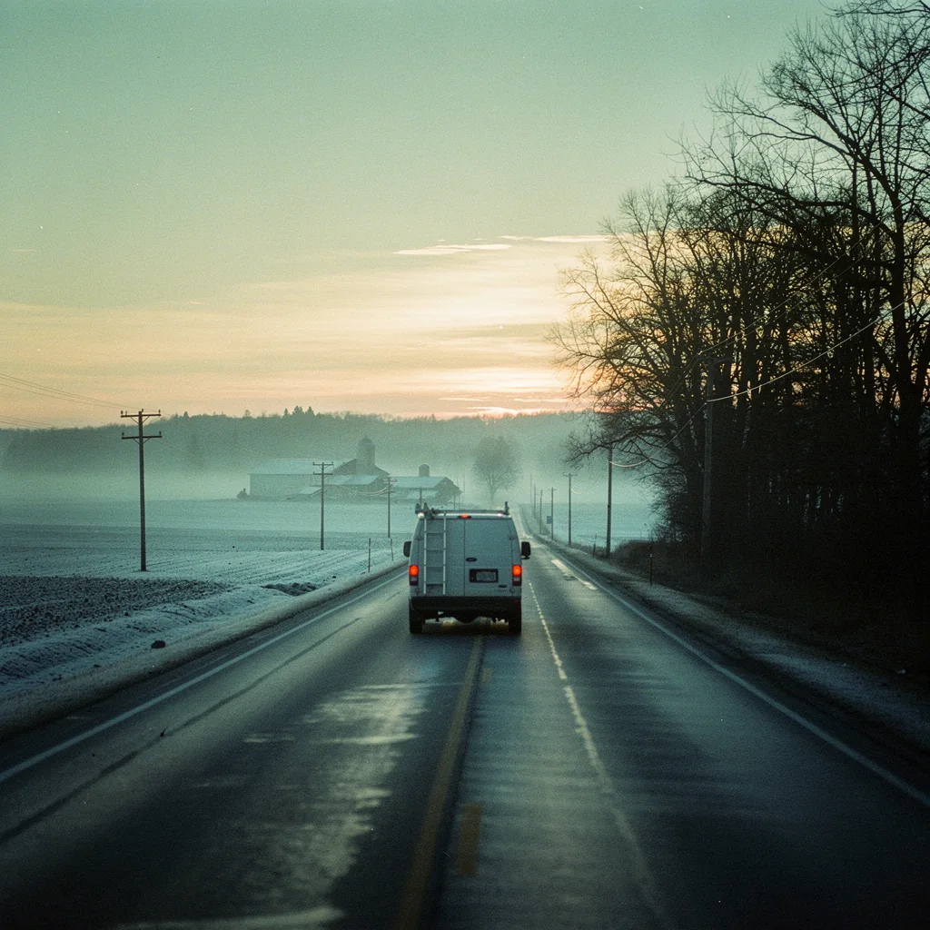 Van on a country road at dawn