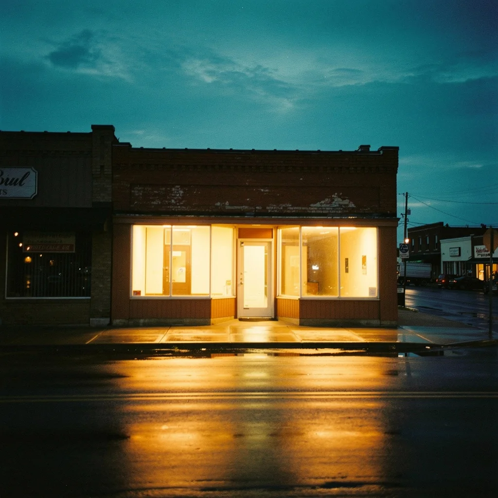 Lit storefront at dusk